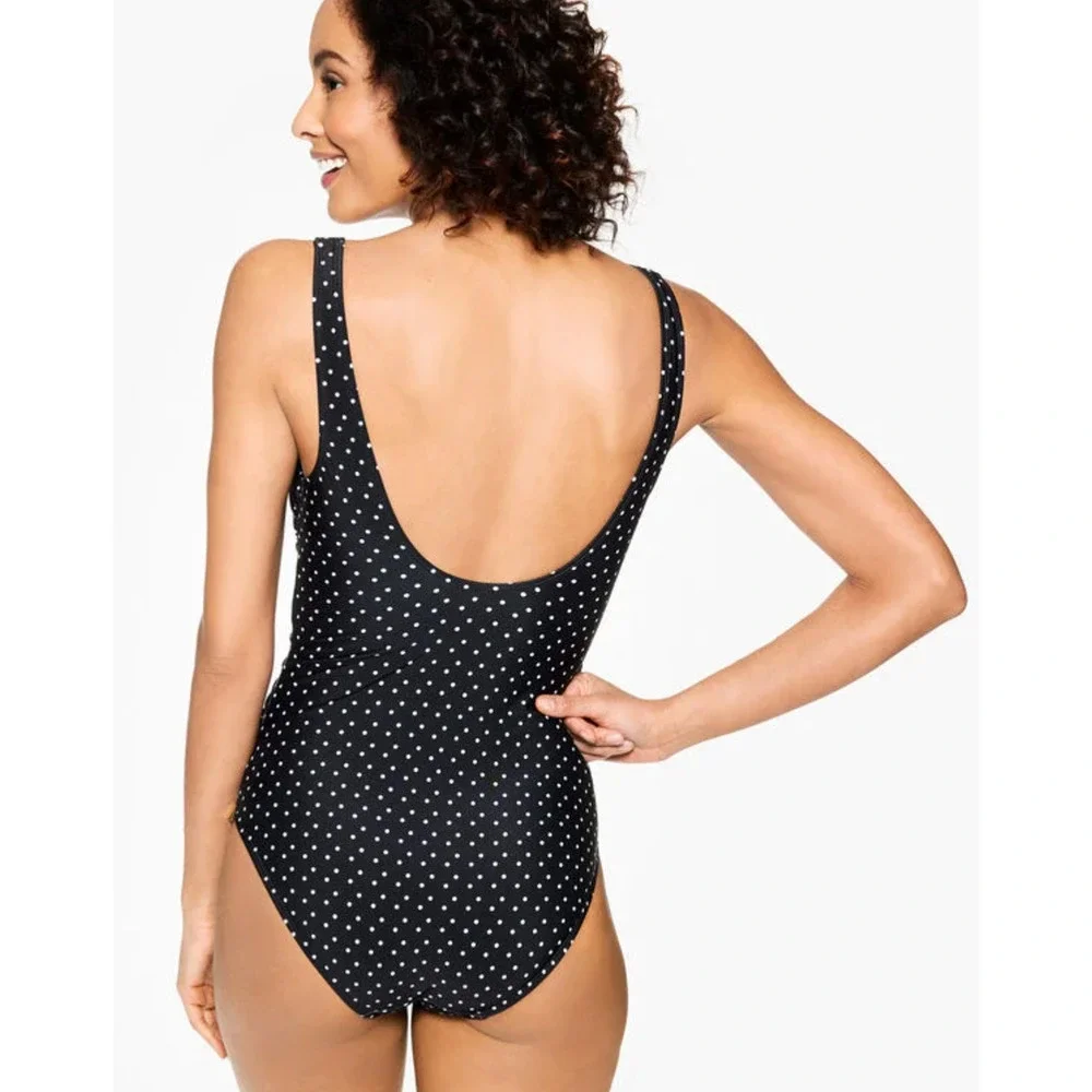 NWT TALBOTS AQUA CLUB BLACK WHITE TAHITI DOT FAUX WRAP ONE PIECE SWIMSUIT SZ XL